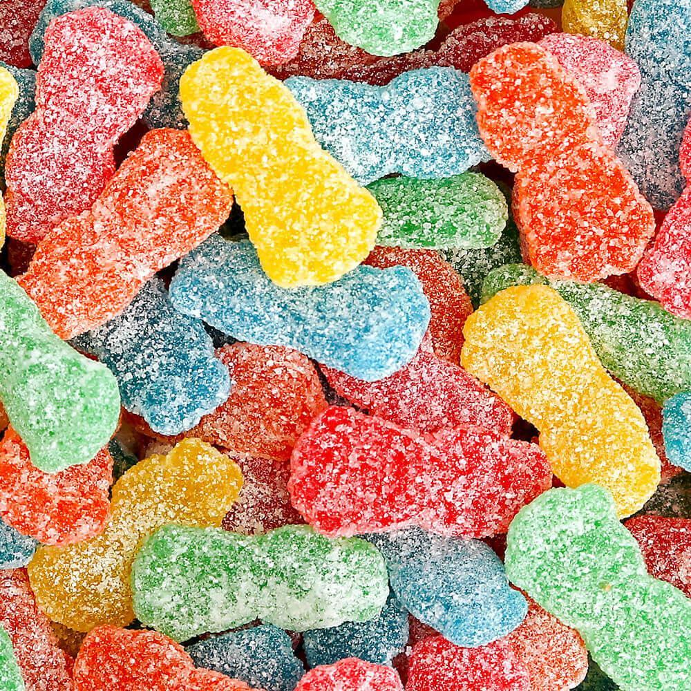 A close-up of Sour Patch Kids candies, showcasing their colorful, sugary coating and unique sour-to-sweet flavor.