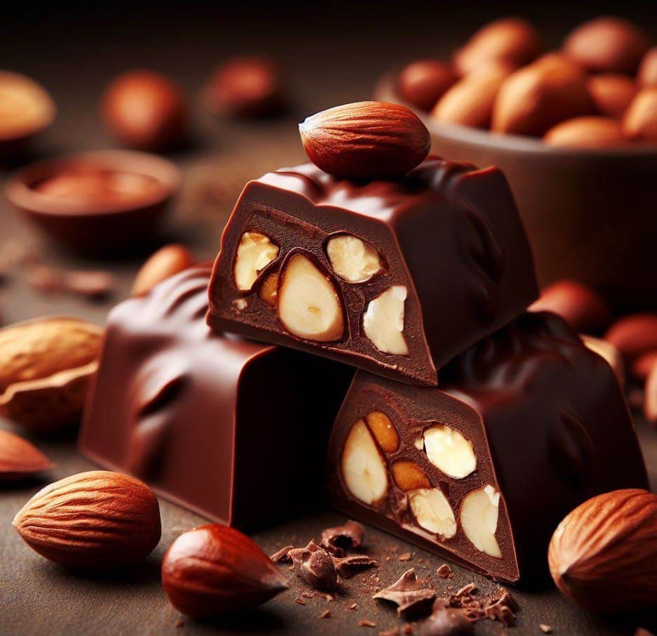 A close-up of candy-coated nuts, highlighting their crunchy texture and sweet coating